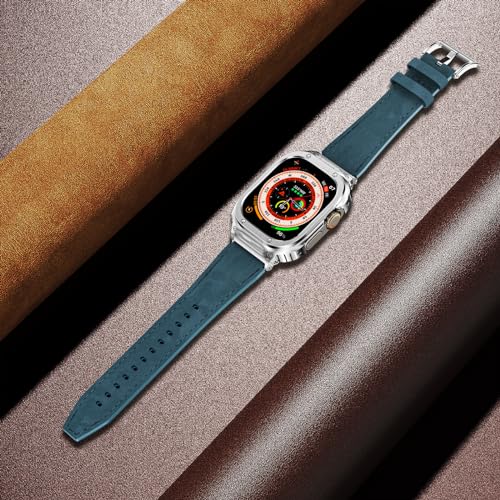 Suplink Metal Case with Leather Watch Strap Compatible Apple Watch Straps 49mm,Stainless Steel Rugged Protector Cover Bumper Genuine Leather Band for iWatch Ultra 2/1(Blue/Silver,49mm) - Image 3