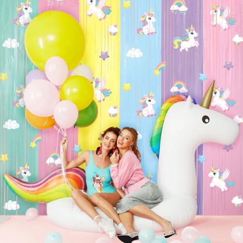 Image of Tiamon 2 Pack Unicorn Party Decorations 3.3 x 6.6 Ft Foil Fringe Curtains Pastel Rainbow Magical Horse Birthday Backdrop Tinsel Streamers Photo Booth for Unicorn Baby Shower Birthday Party Supplies