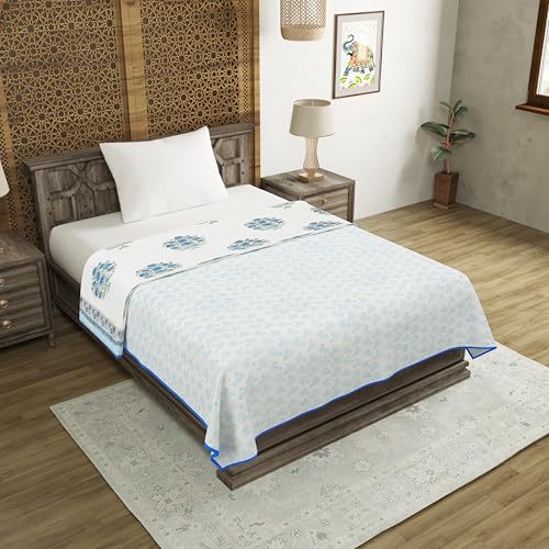 Image of BLOCKS OF INDIA Hand Block Printed Cotton Single Size Reversible Malmal Dohar for Summer (Blue Rose)