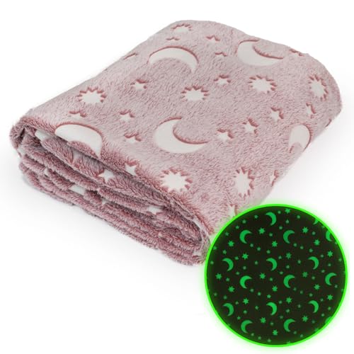 Wanapix | Manta Luminosa | Brilla en la Oscuridad | Suave y Acogedora para Niños y Niñas | Manta Rosa de Lunas | Apta Lavadora | 150x125 cm