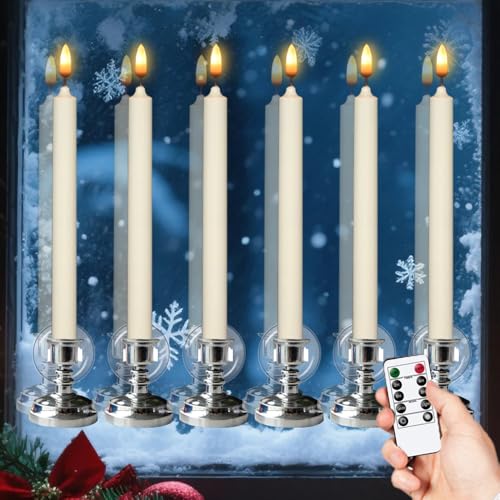 Image of Christmas Flameless Taper Candles with Remote Timer, Dimmer, Ivory Battery Operated LED Window Candle with Silver Base, Real Wax CandleSticks for Home Seasonal Decorations(6 Pack)