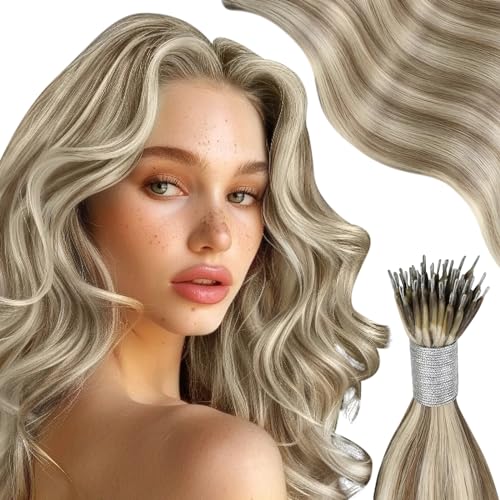 Moresoo Nano Hair Extensions Real Human Hair Highlights Light Brown with Platinum Blonde Nano Tip Hair Extensions Real Human Hair 1g/s 50G/Pack #P9A/60 14 Inch