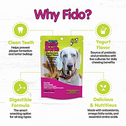 Fido Belly Bones For Dogs, Yogurt Flavored Medium Dog Dental Treats - 8 Treats Per Pack (3 Pack) - For Medium Dogs (Made In Usa) - Plaque And Tartar Control For Fresh Breath, Digestive Health Support #TOP2
