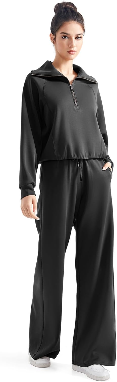 SUUKSESS Women 2 Piece Lounge Matching Set Wide Leg Sweatpant Half Zip Sweatshirt - Image 4