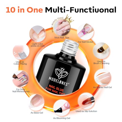 Image of modelones 10-in-One X Nail Gel Glue with Nail Dehydrator Primer Set | Adhesive Bond for Press Ons False Tips Acrylic Rhinestones Prevent Lift Clear Multi Use Gel Polish U V Cure Soak Off Manicure