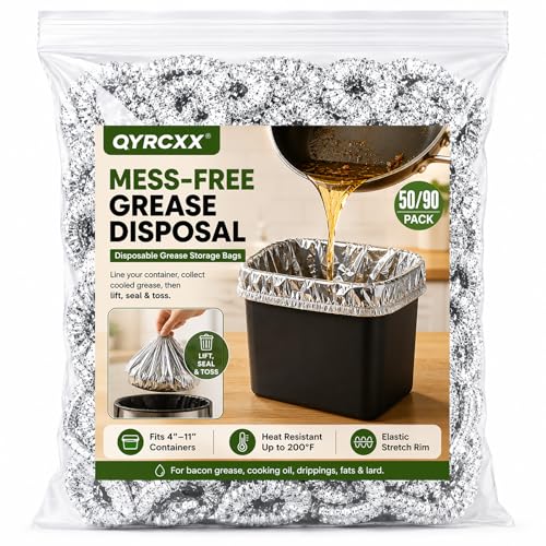 Disposable Grease Storage Bags for Kitchen Oil-25oz Heat-Resistant Aluminum Foil Bags Fits 4-11 Round/Square Containers Mess-Free Bacon Grease Disposal for Kitchen & RV-Temperature Up to 200 (90)
