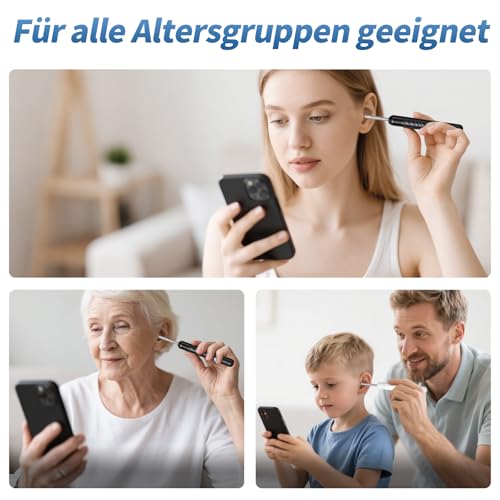 Qimic Ohrenschmalz Entferner Otoskop, WiFi Ohrreiniger, IP67 Wasserdicht und 360°-Weitwinkel Otoskop Kamera mit 6 LEDs für Erwachsene, Kinder und Haustier, Schwarz