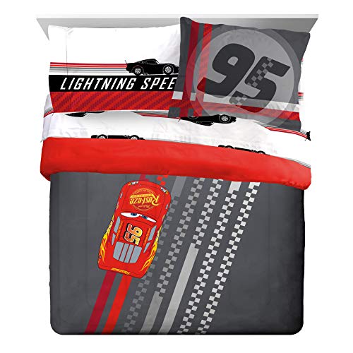 Image of Disney Pixar Cars McQueen Queen Comforter Set 7 Piece Kids Bedding, Gray | Mater, Bed in a Bag, Comforter Sheets Shams Pillowcases, Official Brand, Soft Microfiber, Machine Washable, Boys Gift