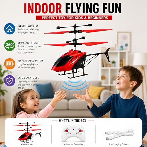 Image of JOYMAX RC Gesture Sensing Helicopter Toy with Dual LED Lights, Hand Sensor Flying Toy, Infrared Control, Durable Indoor Flying Helicopter for Kids, 18 cm, Multicolor