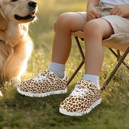 Kids Sneakers for Boys Girls Running Tennis Shoes Lightweight Breathable Sport Athletic Leopard Pattern（White Sole）3