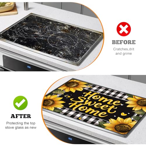 Image of Multi-Design Stove Top Cover for Glass /Electric Stoves - 3-in-1 Heat-Resistant Protector Mat, Non-Slip Drying Rack 28 inchx20 inch (Sunflower)
