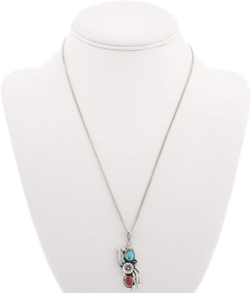 Alltribes Pretty Navajo Turquoise Coral Sterling Pendant Leaves and Flower Design With Silver Chain 0146