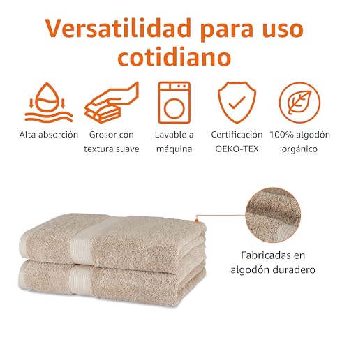 Infografía sobre las características de las toallas de baño, incluyendo alta absorción, lavabilidad y certificación OEKOTEX