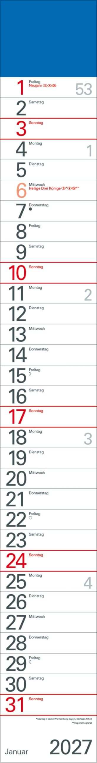 Korsch Verlag Streifenplaner Blau 2027 Streifenkalender mit Datumsschieber; schmal, 11,4 x 89 cm