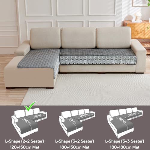 Image of HOKIPO 'BelleLace Series' Imperial Milk Velvet L Shape (2+2 Seater) Sofa Cover Mat with Lace Design, Porpoise Grey (AR-5964-5965-DGRY)