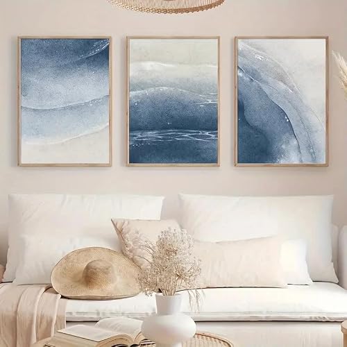 SOBMQ Pictures-Blue Watercolor Ocean Beach Wall Canvas Painting Abstract Poster Print Art Picture For Living Room Bedroom Home Decoration-50 * 60cm-3PCS (No Frame)