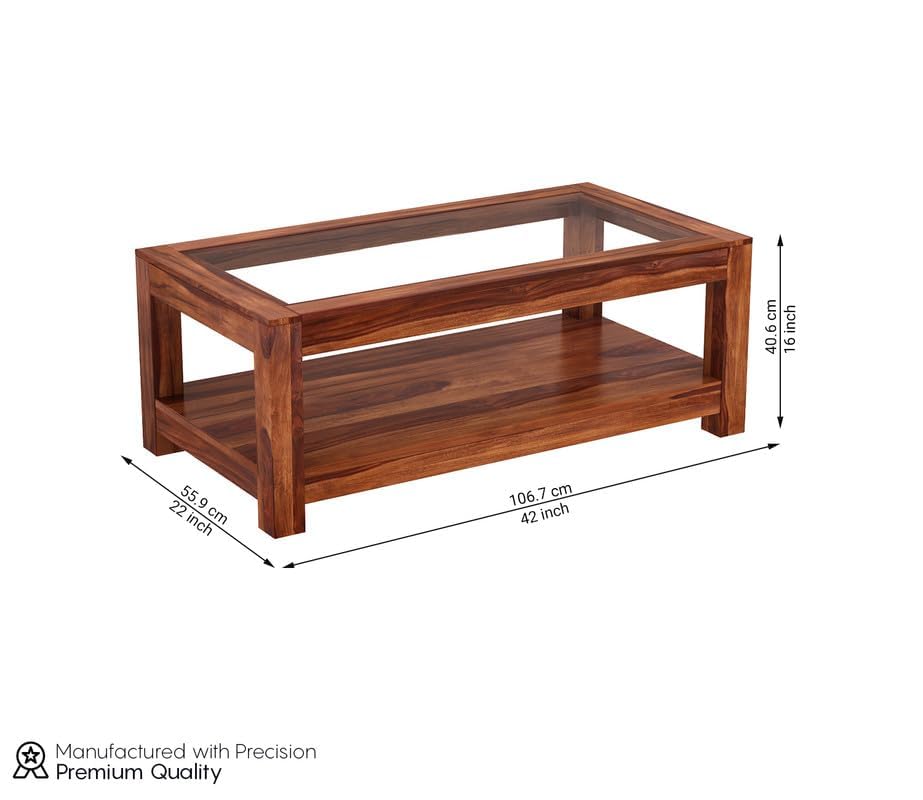 Image of Sheesham Wood Coffee Table for Living Room with Glass Top Multipurpose Tea Table Wooden Centre Table for Home Hall and Office Furniture | Teapoy Table (Honey Finish)
