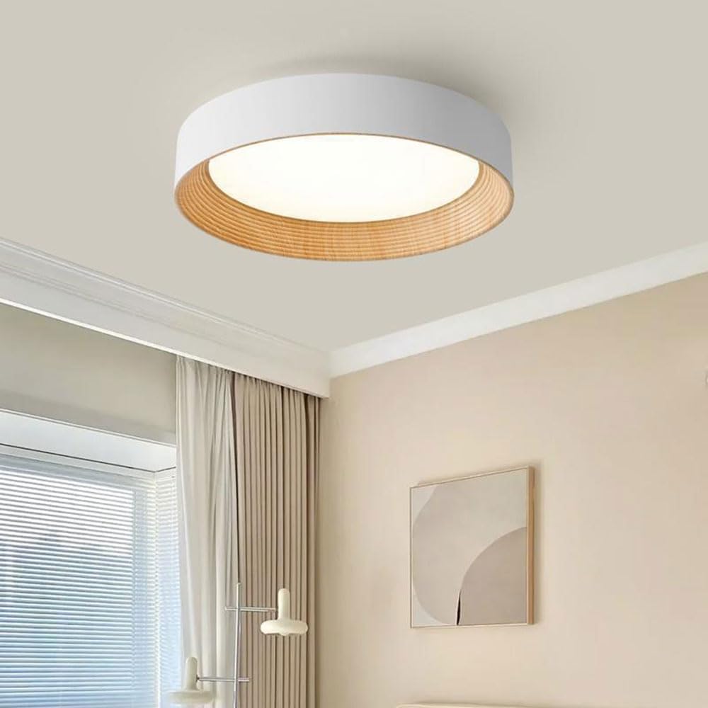 LED Ceiling Light 36W 17.7Inch White Close to Ceiling Light Fixture Wood Grain Metal Chandelier Lighting Round Ceiling Lamps for Living Dining Room Bedroom Kitchen Office