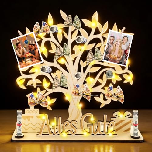 Árbol de la vida, amuleto, regalo de madera con LED para oferta de plata, caja de regalo para cumpleaños, bodas, confirmaciones y bautizos, decoración de árbol de billetes regalo de boda para