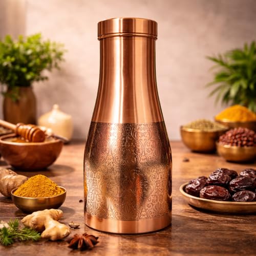 Image of JAIPUR ACE Premium Pure Copper Water Bottle Designer Engraved Leak Proof Ayurvedic Drinking Bottle for Health Benefits Stylish Kitchen Office Use Ideal Gift for Weddings and Occasions(Royal Etching)