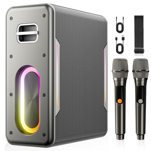 Karaoke Machine for Adults & Kids, Bluetooth Speaker Portable with 2 Wireless Microphones, Bass/Treble Adjustment, Remote and LED Light, PA System Support AUX/USB/TF for Home Party
