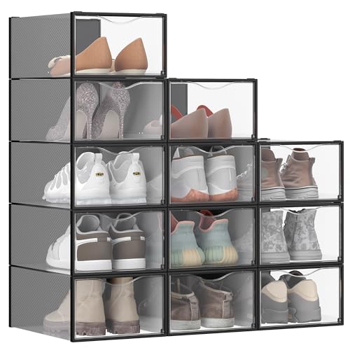 SONGMICS Cajas para Zapatos, Organizador de Zapatos de Plástico, con Puerta, Transparente, Juego de 12, Apilable, 33,2 x 23 x 14,5 cm, para Zapatos hasta 43, Transparente y Negro Tinta LSP312B01 SONGMICS Cajas para Zapatos, Organizador de Zapatos de Plástico, con Puerta, Transparente, Juego de 12, Apilable, 33,2 x 23 x 14,5 cm, para Zapatos hasta 43, Transparente y Negro Tinta LSP312B01