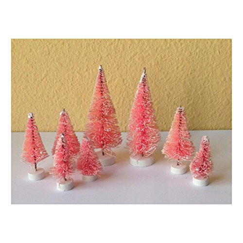 RSG Set of 8 Mini Pink Sisal Bottle Brush Christmas Trees ~ Snow Frost Village Putz