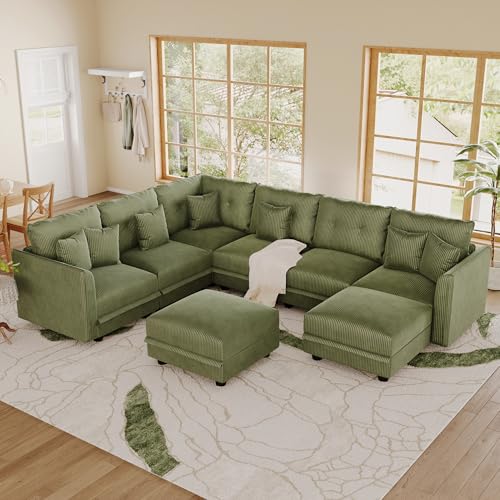 Image of LLappuil Modular Storage Sectional Sofa with Ottoman, U Shaped 8-Seat Corduroy Couch with 7 Throw Pillows, Convertible Sofa Set for Living Room, Skin-Friendly & Soft, Scratch Resistant, Green