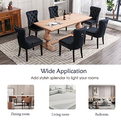 Kcc Velvet Dining Chairs Set Of 2 (Renewed), Upholstered High-End Tufted Dining Room Chair With Nailhead Back Ring Pull Trim Solid Wood Legs, Nikki Collection Modern Style For Kitchen, Black #TOP6