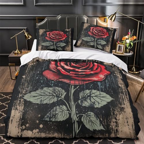 Parure de lit king size microfibre imprimé 3D avec housse de couette rose rouge