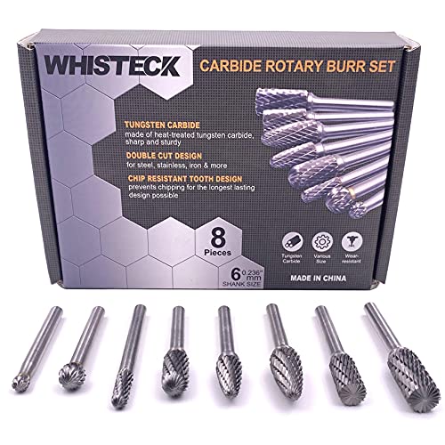 WHISTECK Carbide Burr Set, 8Pcs Double Cut Tungsten Carbide Rotary Burr set, 1/4 inch Shank Die Grinder Bits, Carbide Rotary File for Metal Wood Carving, Engraving, Polishing,Drilling