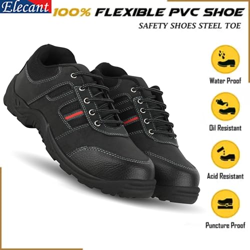 Image of ELECANT Lace-up Steel Toe, PVC Sole and Rexine Upper Black Safety Shoes for Construction, Factory and Industrial Work||Safety Shoes for Men