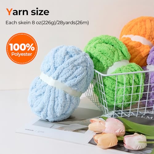 Image of Chunky Yarn for Hand Knitting Soft Jumbo Bulky Fluffy Chenille Yarn for Crocheting Blanket Scarf DIY 8 Pack (Pink+Light Purple+Cream+Light Grey, 28yds, 8 Ounces Each)