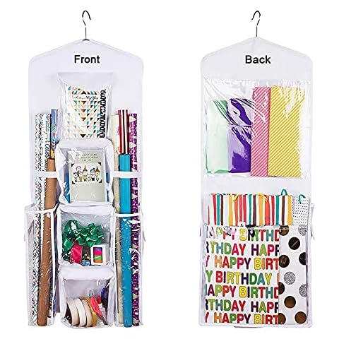LXTaoler Double-Sided Hanging Gift Bag, Hanging Gift Wrapping Paper Storage Organizer Bag with Multiple Pockets 40"X17" Clear PVC Bag (White) Cover