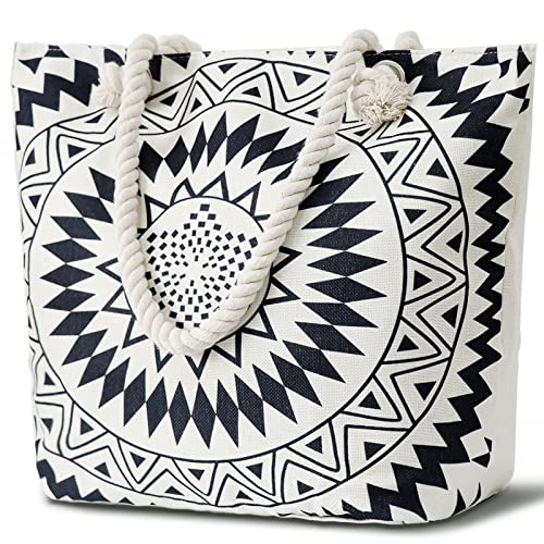 LEcylankEr Bolsa de Playa para Mujer, Bolsa de Playa Grande con Cremallera, Bolsa de Lona para Playa, Viaje, Piscina, Compras (círculos en blanco y negro)