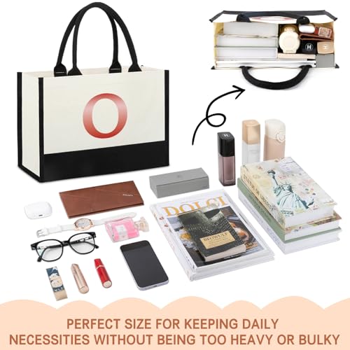 Image of Monogrammed Initial Canvas Tote Bag Gifts for Women, Unique Beach Work Bag Gift for Birthday, Wedding, Christmas, Anniversary, Cool Personalized Gifts for Mom, Teachers, Friends, Bridesmaids- Letter O