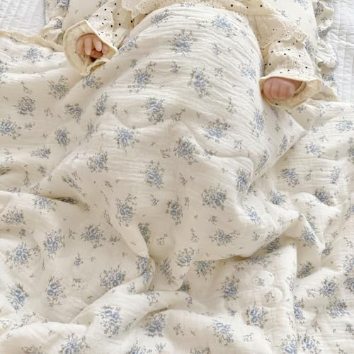 Image of BuLuTu Chic Shabby Blue Flower Print Kids Quilted Blanket Muslin Cotton Toddler Quilt with Lace Edges Soft Lightweight Kids Comforter for Girls Boys, All Seasons, 60x78 Inches