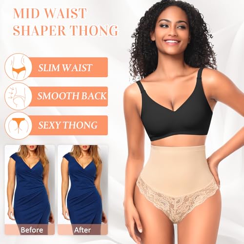 Image of Werena Tummy Control Thong Shapewear for Women Mid High Waisted Body Shaper Underwear Lace Shaping Thong Girdle Panties