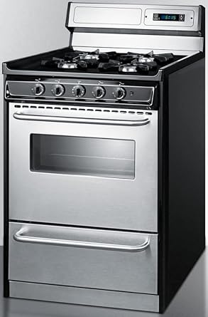 Summit Appliance TNM6307BKW 24 Wide Gas Range in Stainless Steel with Open Burners, High Backguard, Clock/Timer, Oven Window, Adjustable Oven Racks, Broiler Pan and Electronic Ignition