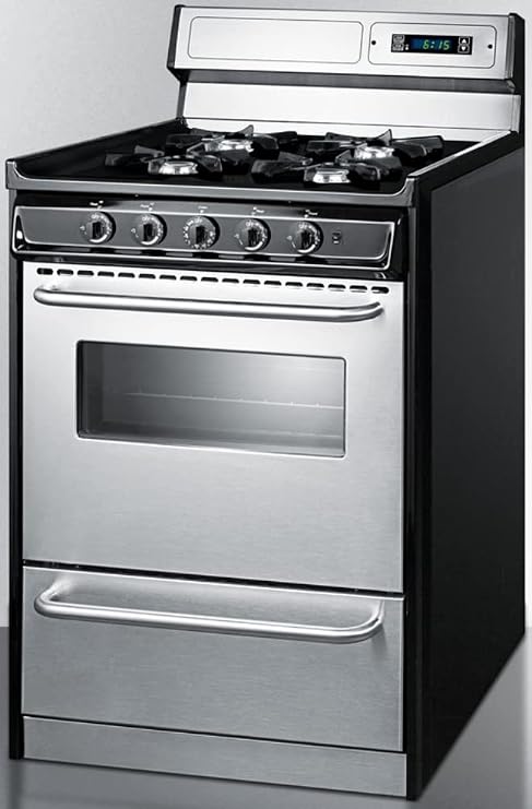 Summit Appliance TNM6307BKW 24 Wide Gas Range in Stainless Steel with Open Burners, High Backguard, Clock/Timer, Oven Window, Adjustable Oven Racks, Broiler Pan and Electronic Ignition