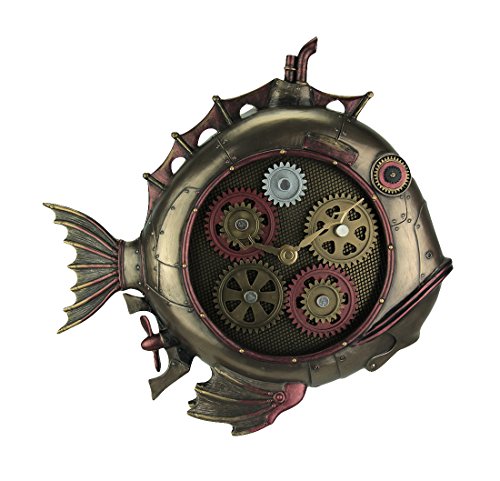 Veronese Design 12" Tall Steampunk Deep Sea Dweller Fish Submarine Wall Clock With Motorized Gear Decoration Antique Bronze Finish Cold Cast Resin Wall Sculpture #TOP4