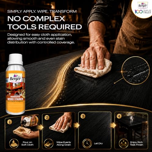 Image of Berger Wood Keeper Ebony Black Wood Stain with Leakproof Bottle & Easy Cloth Application Transparent Solvent-Based Stainer for Home Office Furniture Surfaces Shine and Finish (Pack of 1, 100ml)