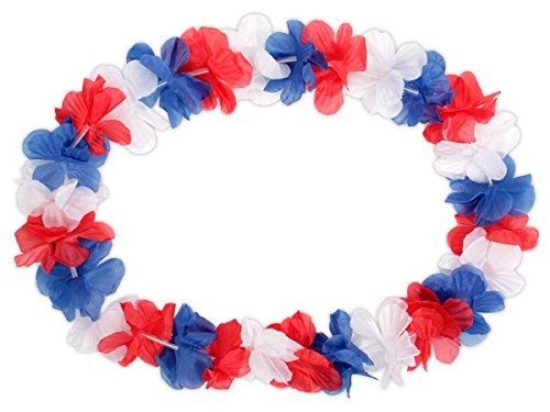 Lot de 12 Collier Hawaïen bleu blanc rouge 'HK-36' textile hawaien Hawaï hawaii couleur de l'équipe de France Hula fleur pétale ambiance tropique déguisement fête beach party été plage printemps