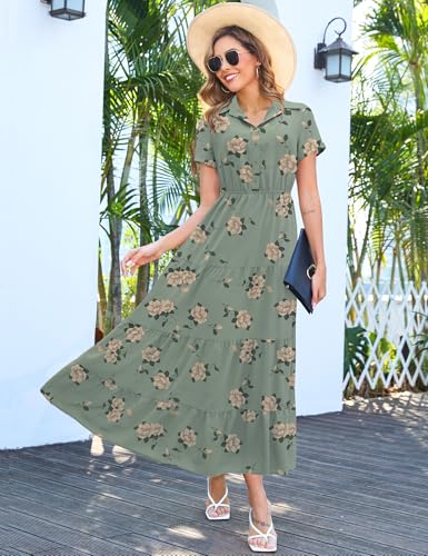 Image of Kranda Women 2026 Summer Collared V Neck Short Sleeve Button Down Chiffon Long Tiered Floral Maxi Dress with Pockets