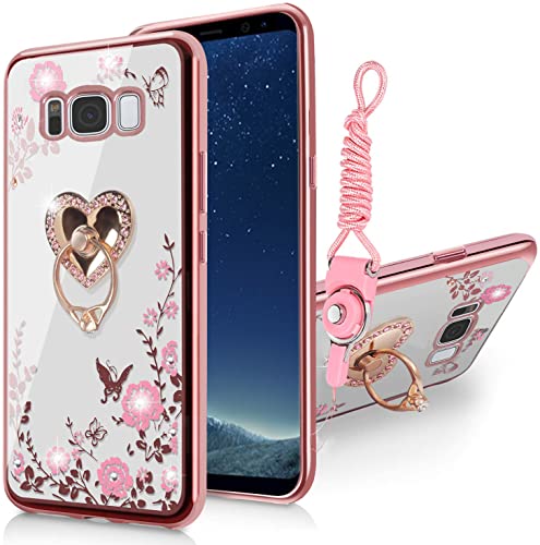 B-wishy for Samsung Galaxy S8 Glitter Crystal Butterfly Heart Floral for Girls Bling Soft TPU Silicone Protective Case with Ring Stand Holder for Samsung Galaxy S8(Rose Gold)
