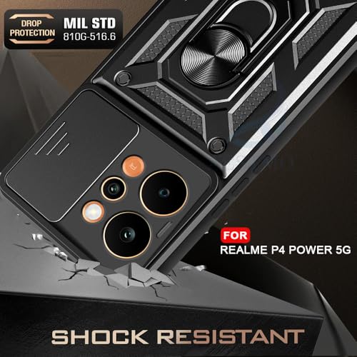 Image of AESTMO Tough Armor Realme P4 Power 5G Bumper Back Case Cover | Ring Holder & Sliding Camera Shield Cover | 360 Degree Protection Back Case Cover for Realme P4 Power 5G (Black)