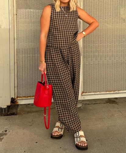 Women's Summer 2 Piece Outfits Plaid Crop Tank Top High Waisted Baggy Ankle Barrel Pants Gingham Lounge Set4
