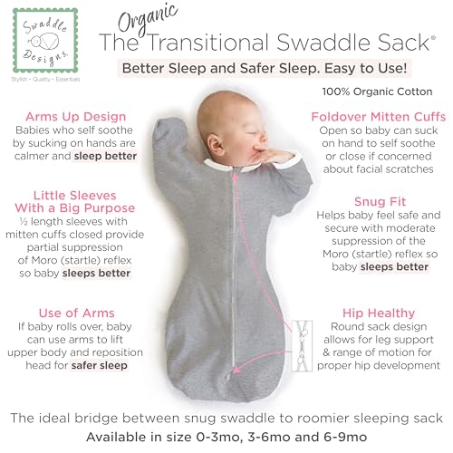 Image of SwaddleDesigns Organic Transitional Swaddle Sack, Arms Up Half-Length Sleeves & Mitten Cuffs, Most Gradual Transition Swaddle