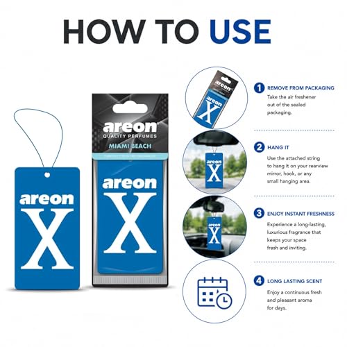Image of AREON X Miami Beach Hanging Car Air Freshener - Long Lasting Hanging Fragrance for Car Interior - Stylish Hanging Air Freshener - Premium Fragrance Card Freshener with Easy to Use Design (Pack of 3)