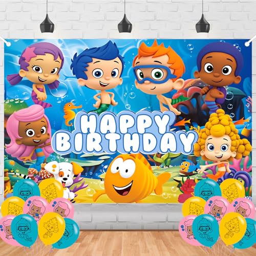 Guppies of Bubble Birthday Party Decorations Cartoon Banner Theme Party Decorations for Boys Girls Indoor Outdoor Birthday Party Supplies Backdrop 5 * 3FT)